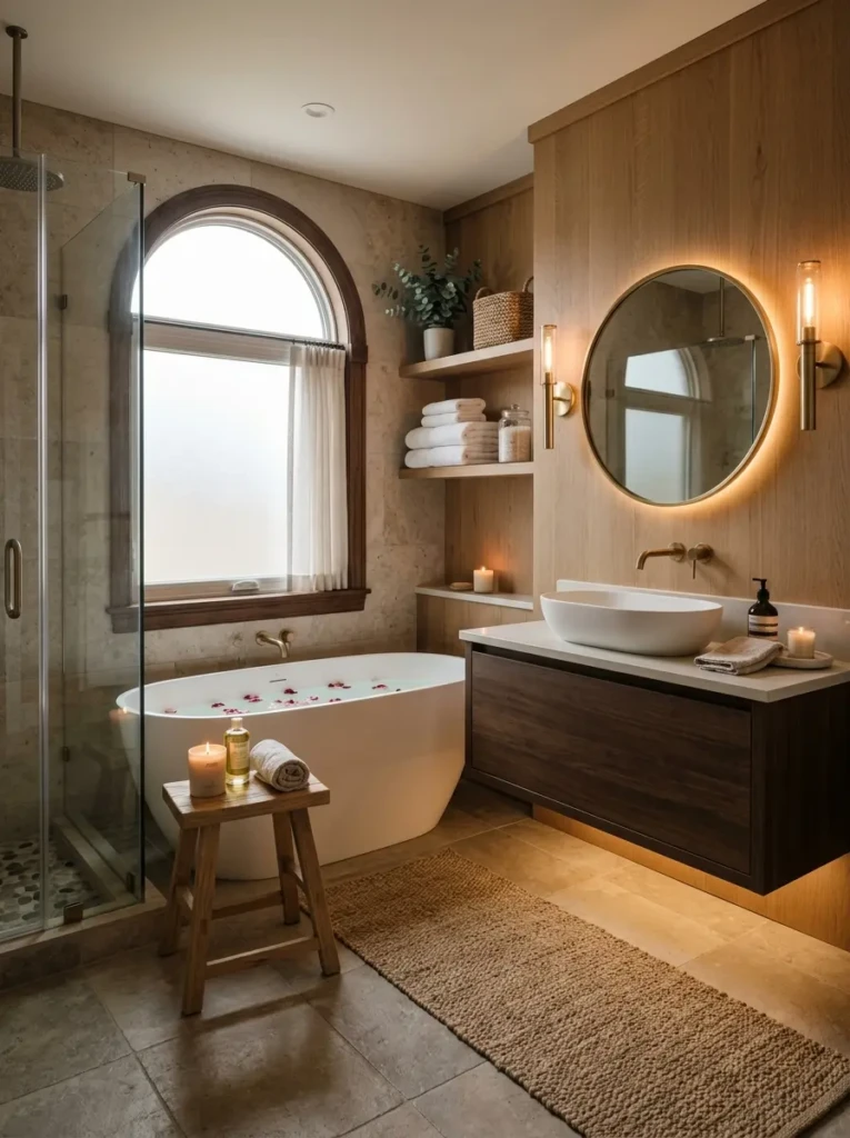 Beautiful completed bathroom with warm lighting, elegant finishes, and inviting spa energy.