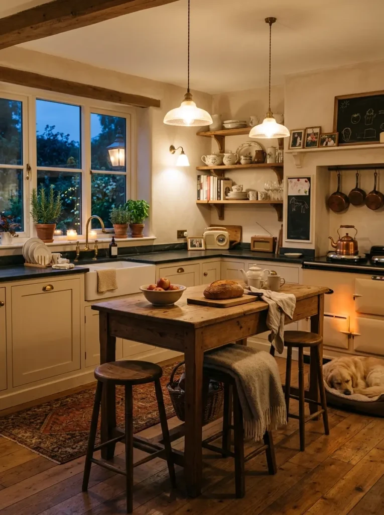 A glowing vintage kitchen at dusk filled with warm light, personal touches, and timeless family charm.