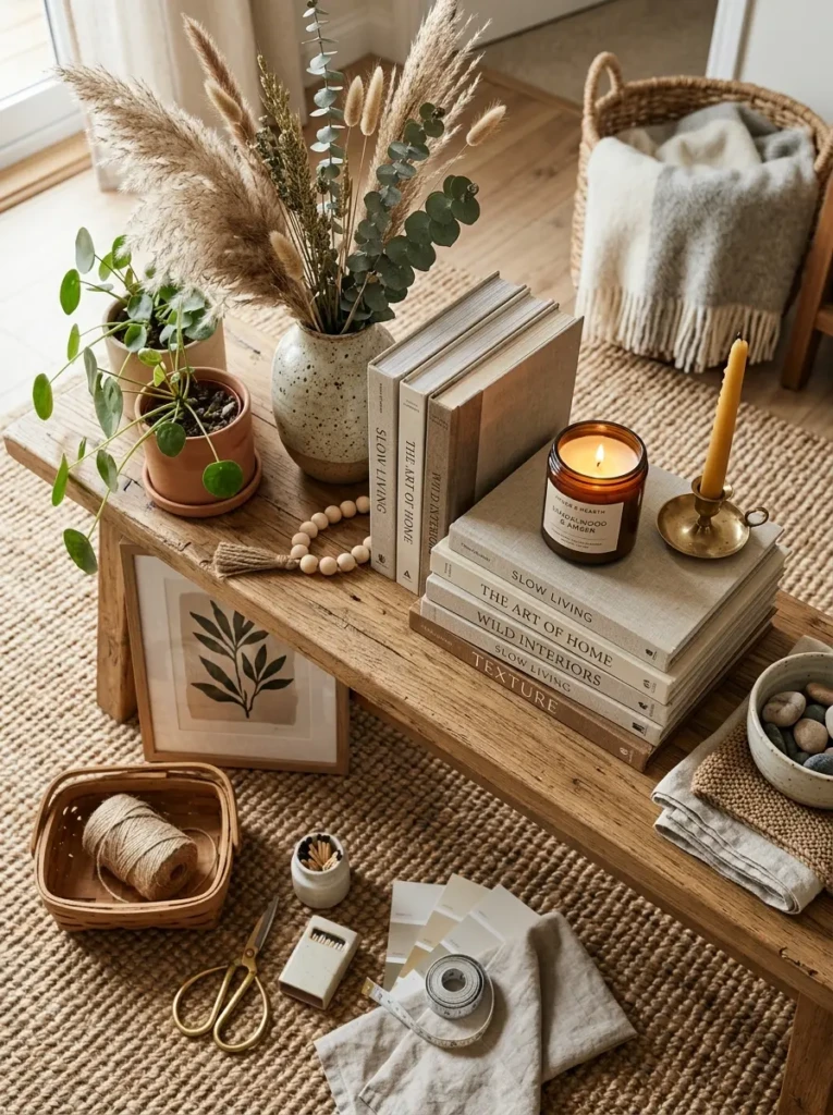 Flat lay of candles, ceramics, greenery, books, and textured decor used for shelf styling.