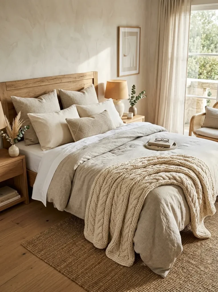 A neatly arranged modern bed with layered pillows and a chunky knit throw in soft neutral tones