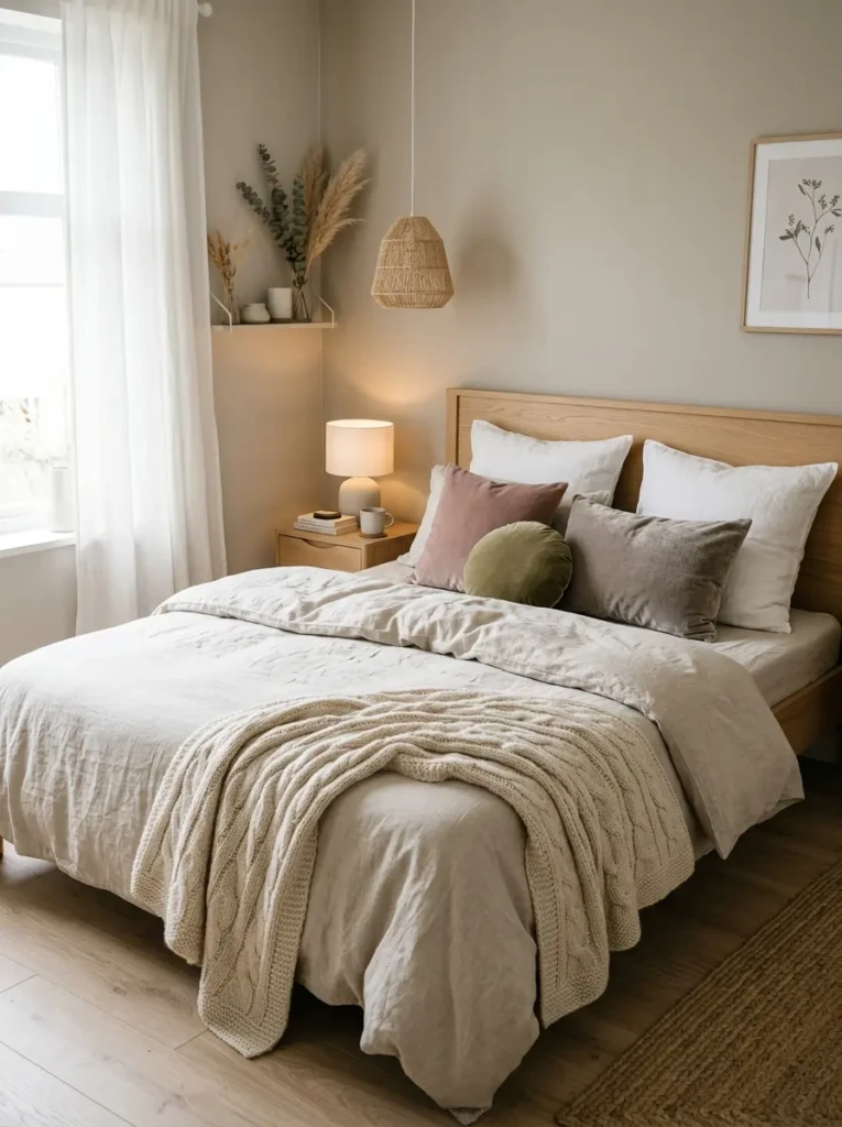 A neatly styled bed featuring linen sheets, velvet cushions, and textured throws in soft neutral tones.