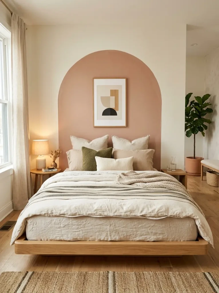 Aesthetic bed without headboard featuring painted arch wall, artwork, oversized pillows, and cozy neutral bedding.