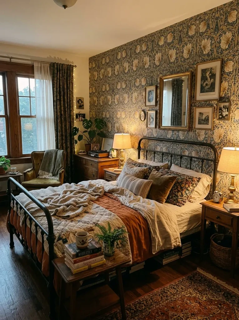 Bedroom featuring traditional wallpaper paired with modern and vintage decor elements