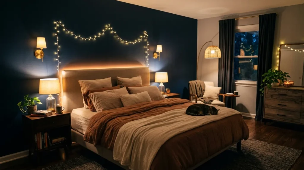Bedroom illuminated by bedside lamps, LED strips, wall sconces, and fairy lights.
