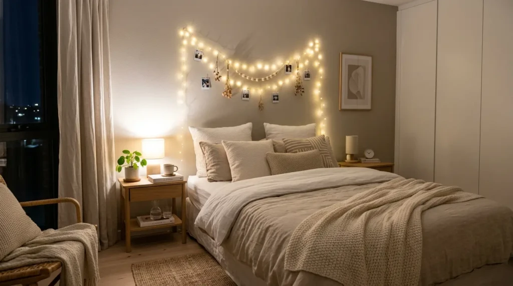 Perfectly styled small cozy bedroom at night with fairy lights, neutral bedding, clutter-free surfaces, and a peaceful relaxing mood.