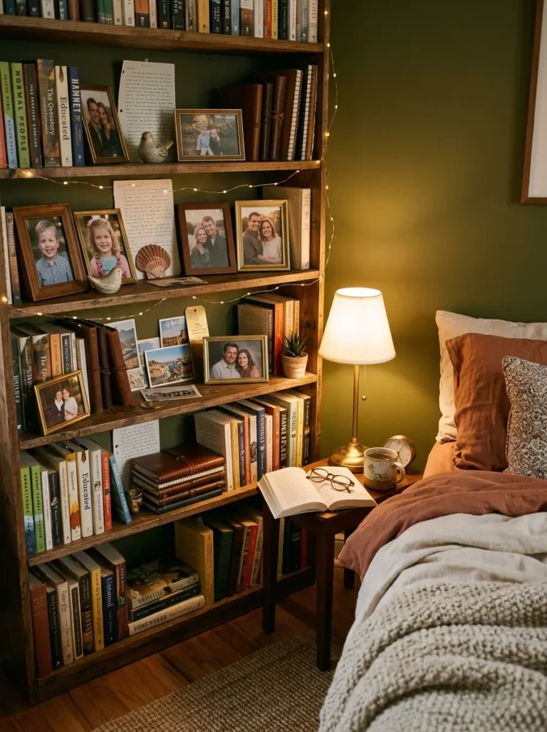 Bedroom bookshelf decorated with journals, framed photos, books, and a small lamp.