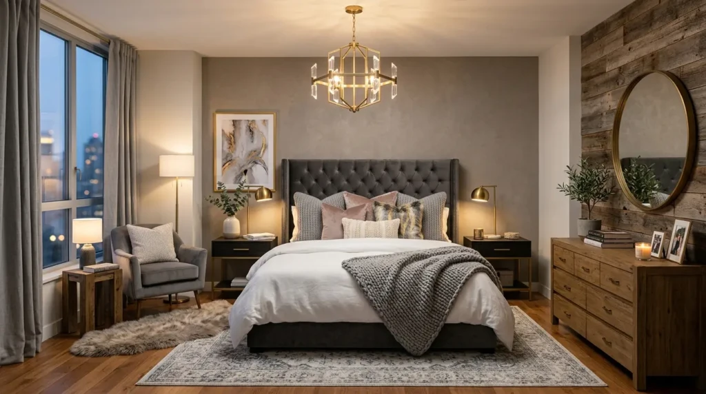 Stylish dream bedroom combining glam accents, cozy bedding, warm lighting, and balanced textures.