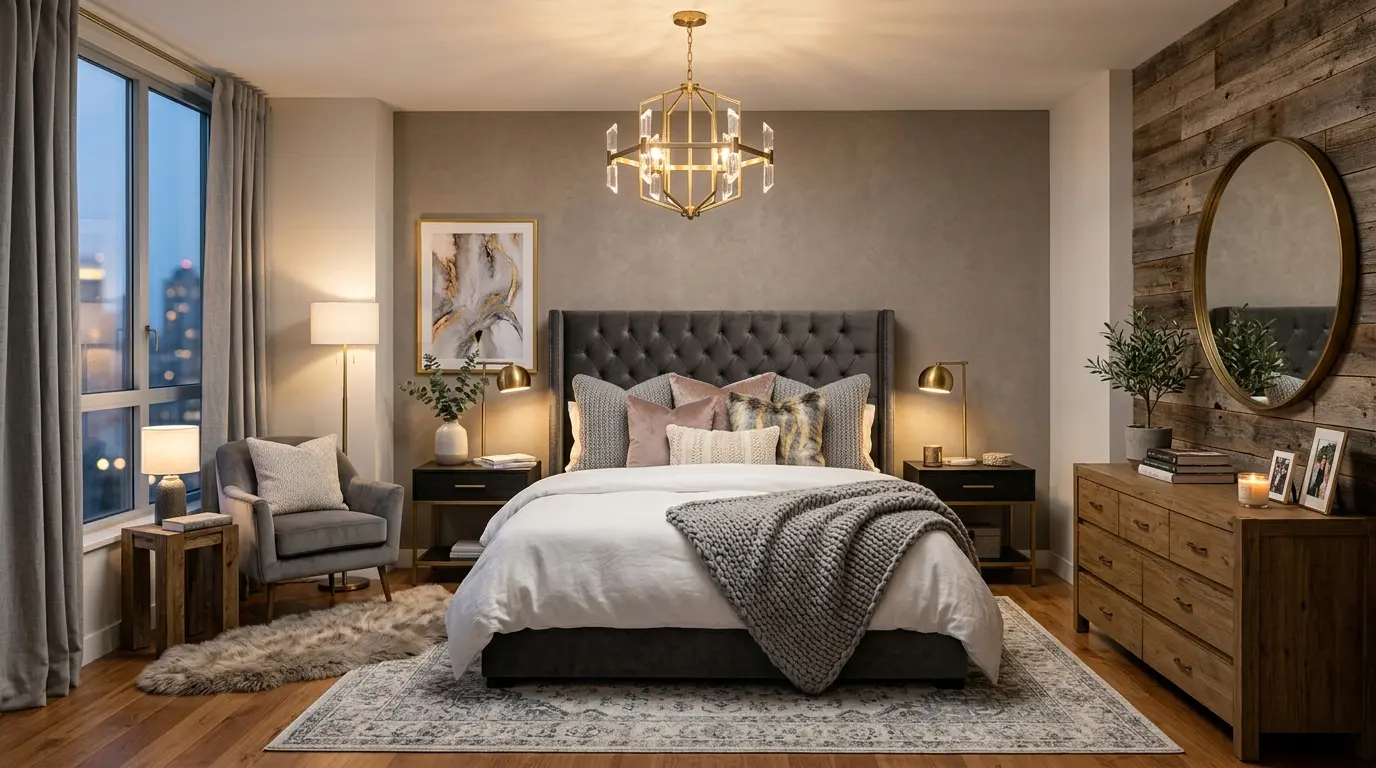 Stylish dream bedroom combining glam accents, cozy bedding, warm lighting, and balanced textures.