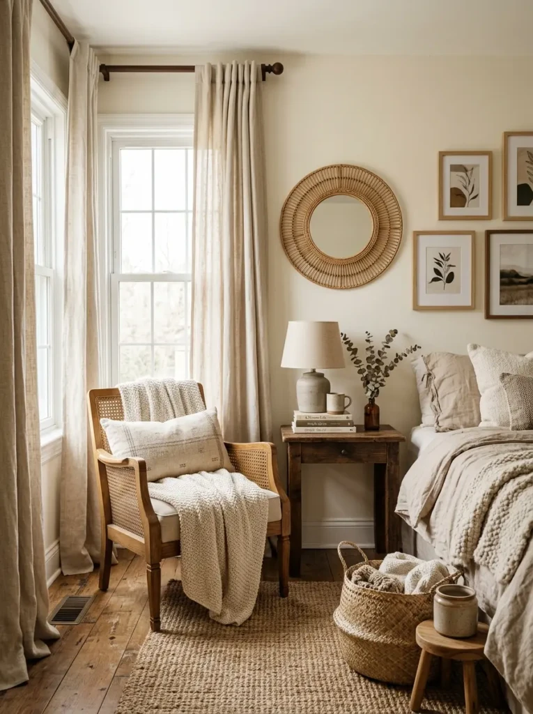 A styled bedroom corner with linen curtains, woven textures, and wooden furniture in warm neutral colors.