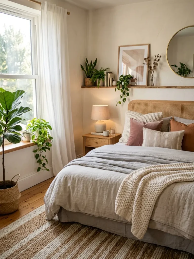 A beautifully styled bedroom corner with soft colors, layered textures, natural light, and plants creating a calm inviting mood