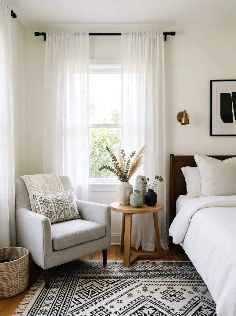 Elegant bedroom corner with sheer curtains, ceramic vases, and monochrome rug.