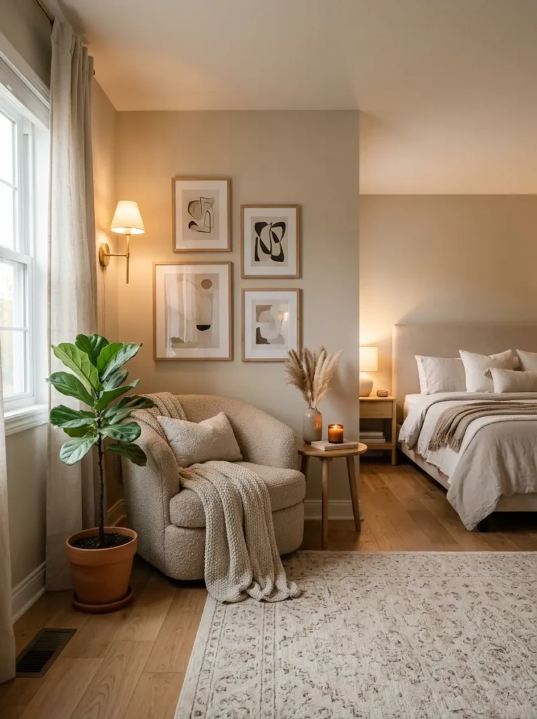 A modern bedroom with an empty corner beautifully styled using warm lighting, wall art, and elegant decor accessories.