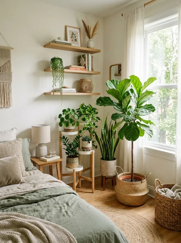 A bedroom corner decorated with tall indoor plants, woven baskets, floating shelves, and natural sunlight.
