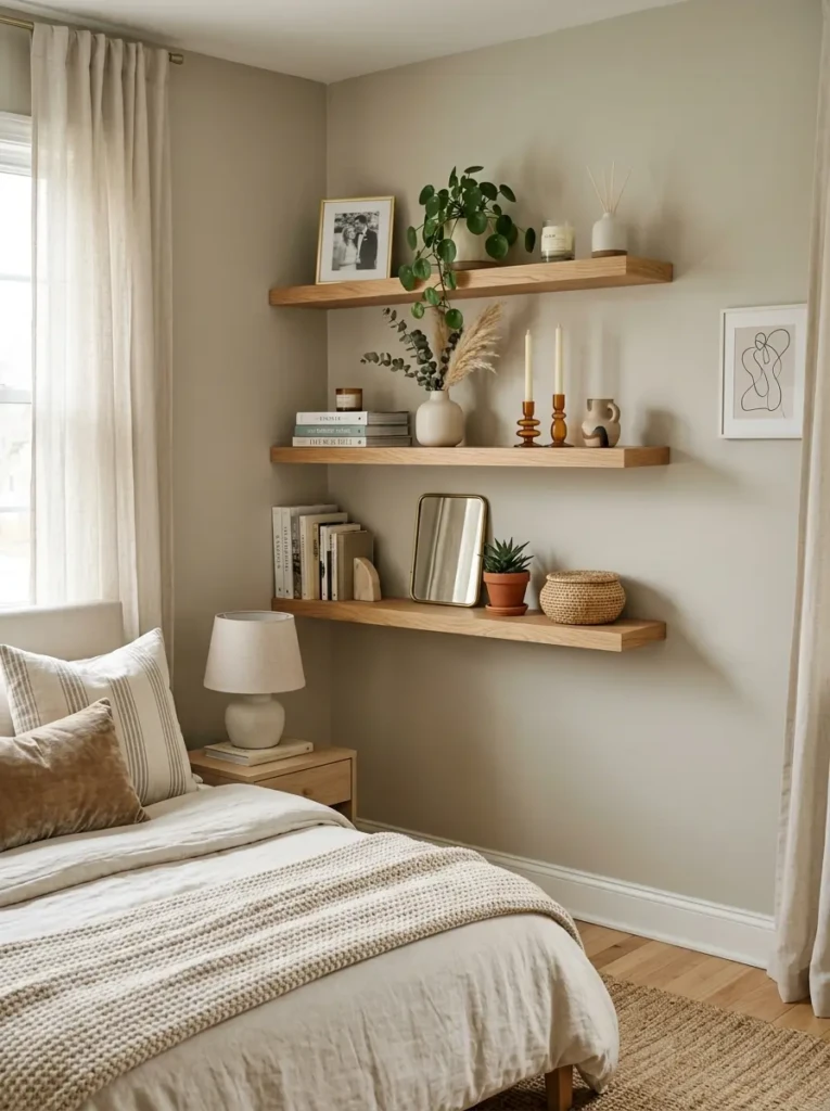 A modern bedroom corner featuring floating shelves with candles, framed photos, books, and small decorative plants.