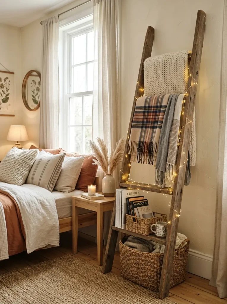A stylish bedroom corner with a leaning wooden ladder decorated with blankets, lights, and magazines.