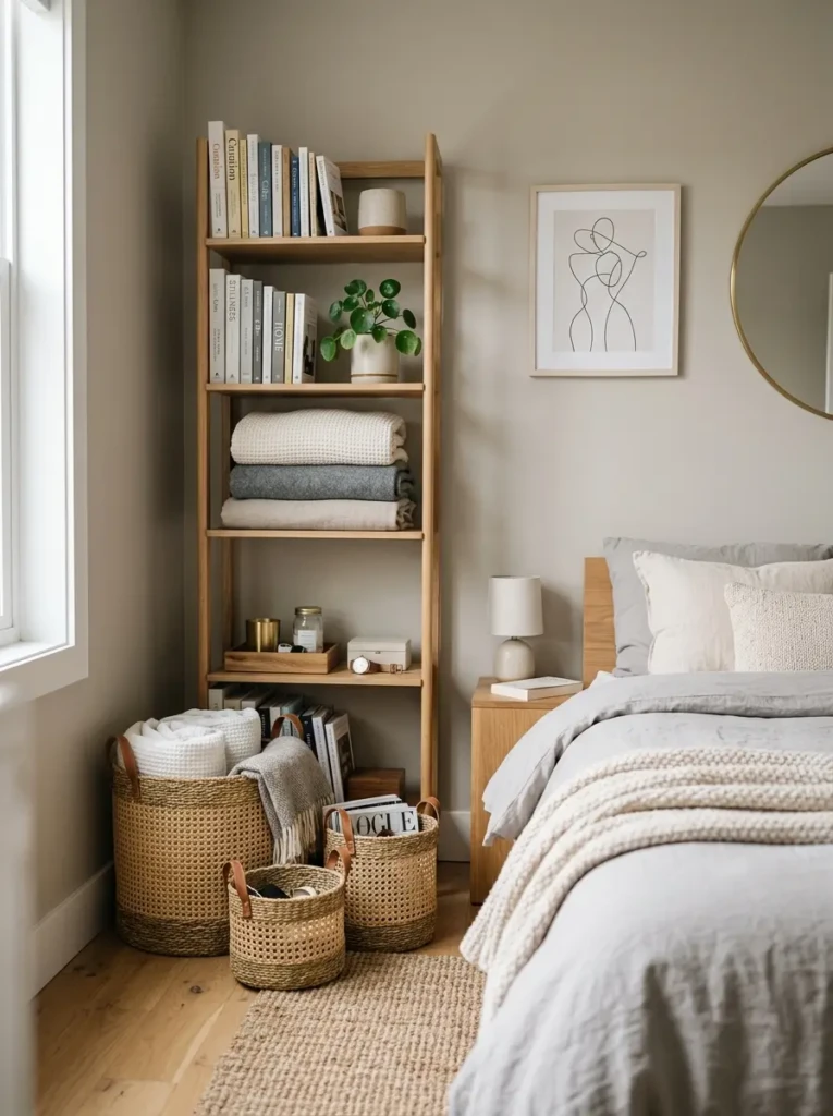 A bedroom corner with elegant storage baskets, narrow shelves, folded blankets, books, and organized accessories.