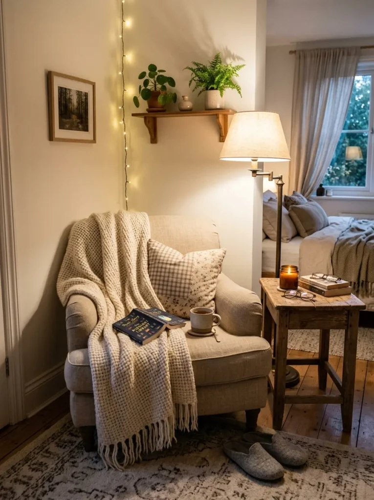 A comfortable bedroom corner with an armchair, warm lighting, and soft throw for relaxation