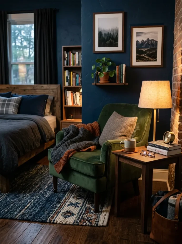 A cozy bedroom corner with a comfortable chair, small table, and warm lamp lighting creating a peaceful and inviting retreat.