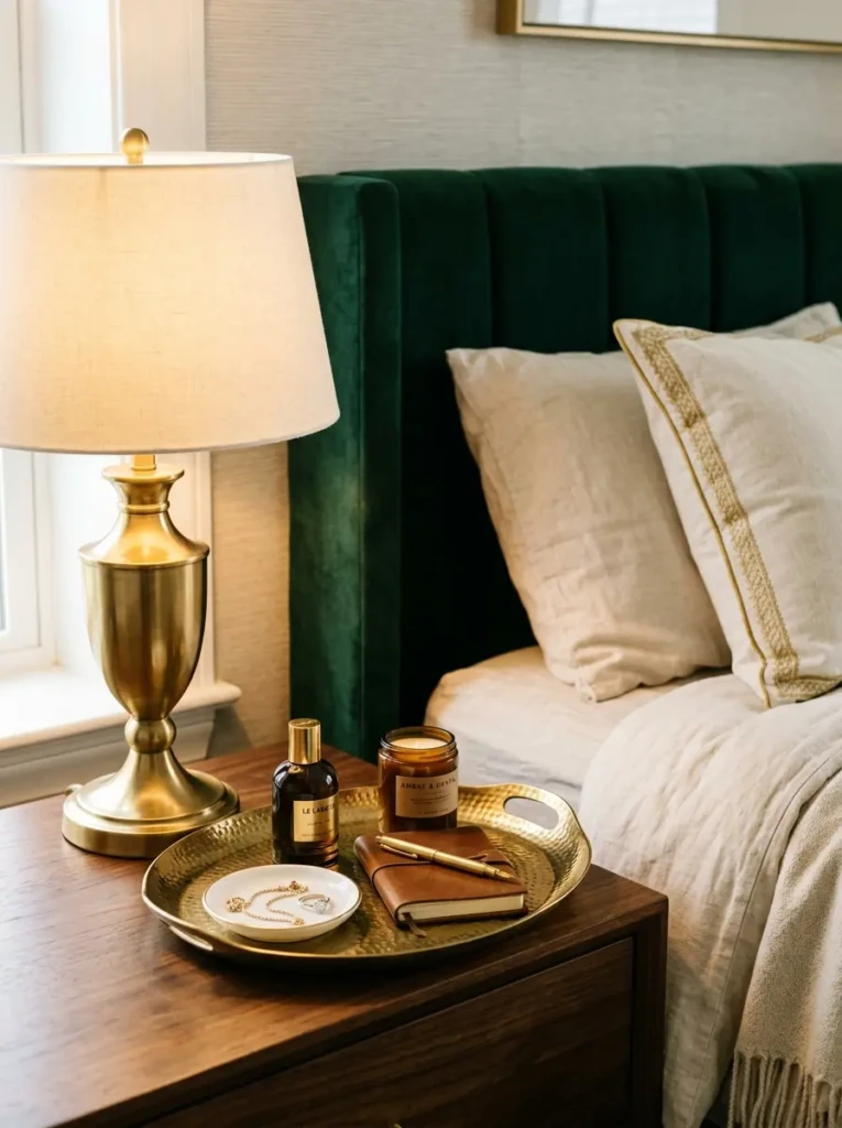A close-up of bedroom decor with gold accents, elegant lighting, and a refined luxurious touch