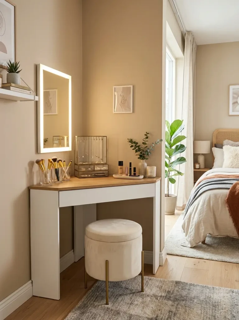 A functional corner dressing table in a bedroom with LED mirror, makeup organizers, jewelry stand, and ottoman.