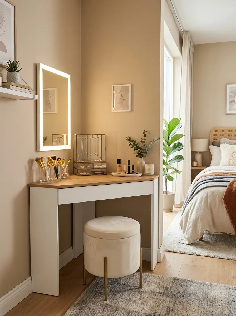 A functional corner dressing table in a bedroom with LED mirror, makeup organizers, jewelry stand, and ottoman.