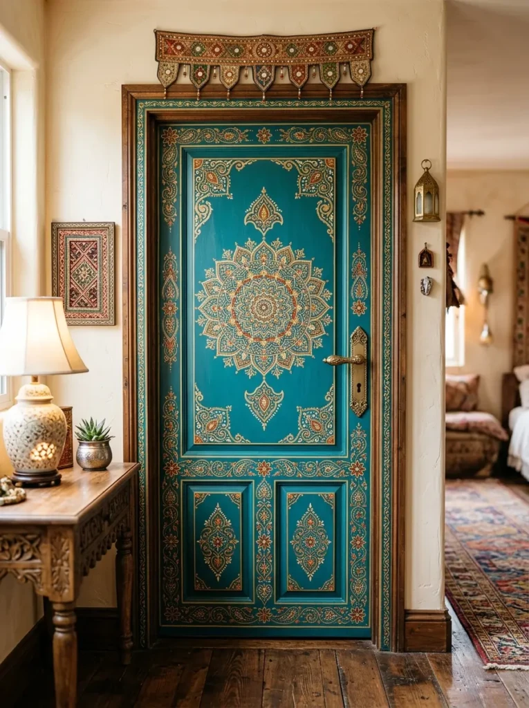 Deep turquoise bedroom door with hand-painted mandala art, decorative borders, and a gold handle.