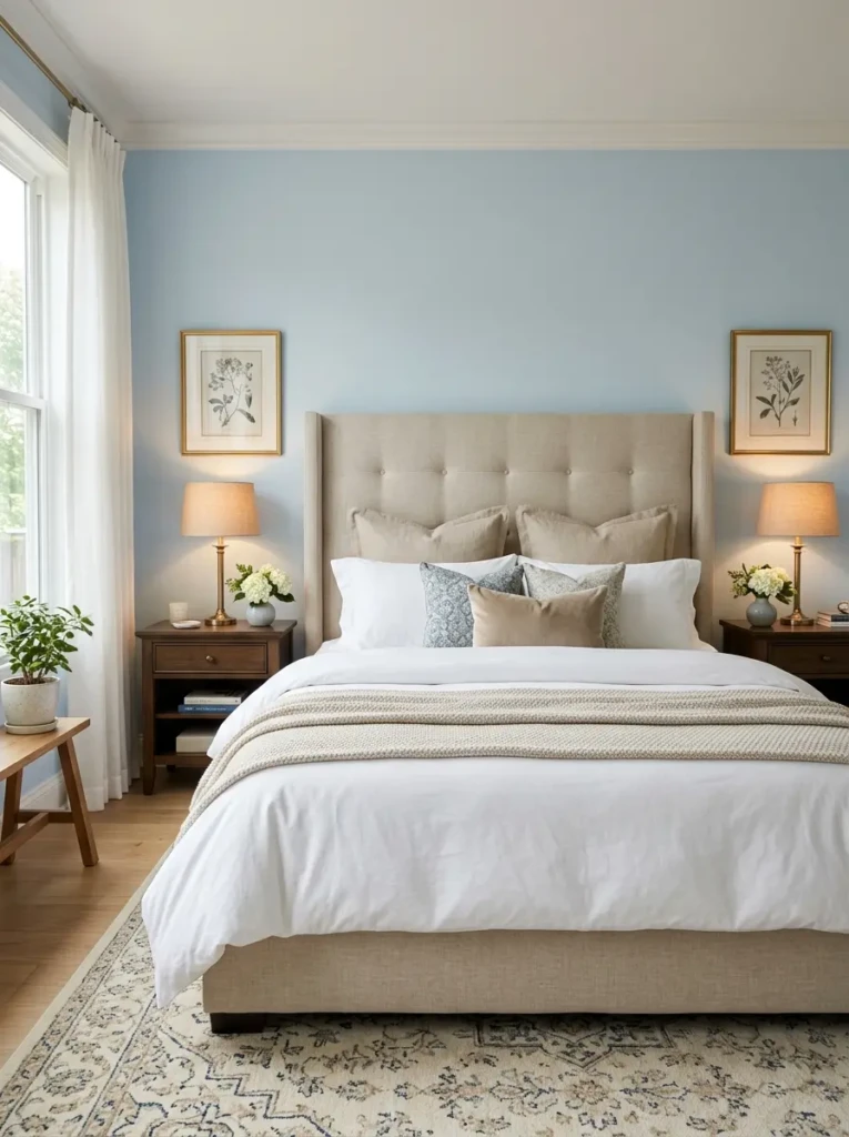 Bedroom with light blue walls and a large upholstered headboard, styled bed, and soft lighting creating a cozy focal point
