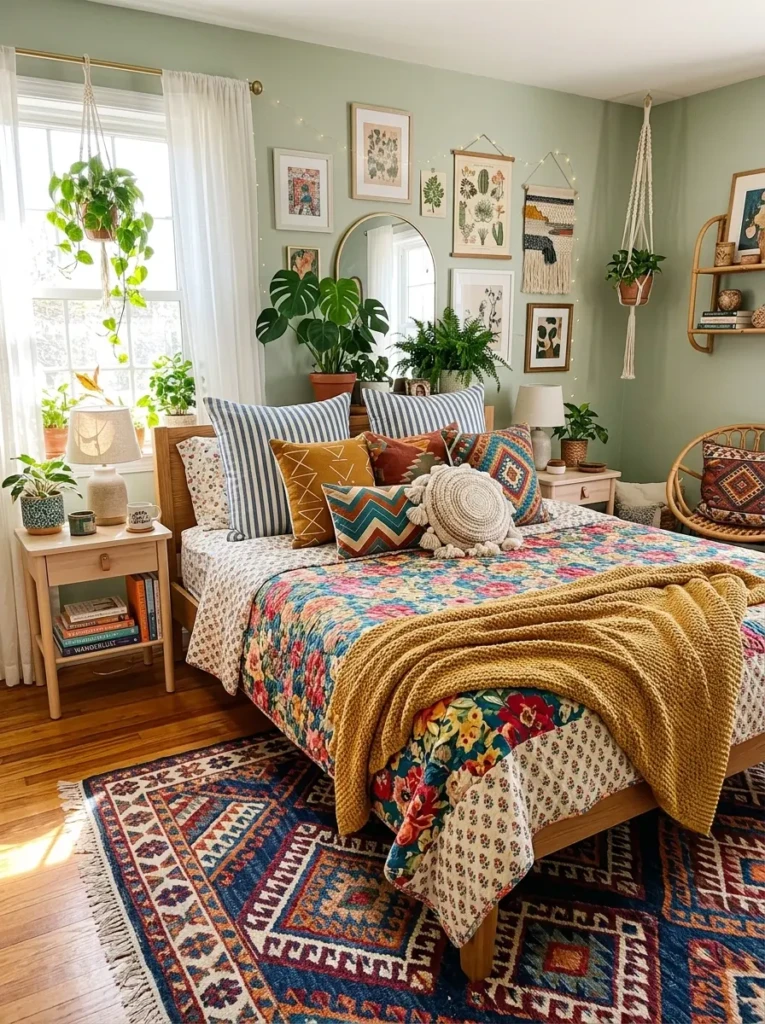 A lively color full bedroom with mixed patterns including florals, stripes, and colorful layered textiles