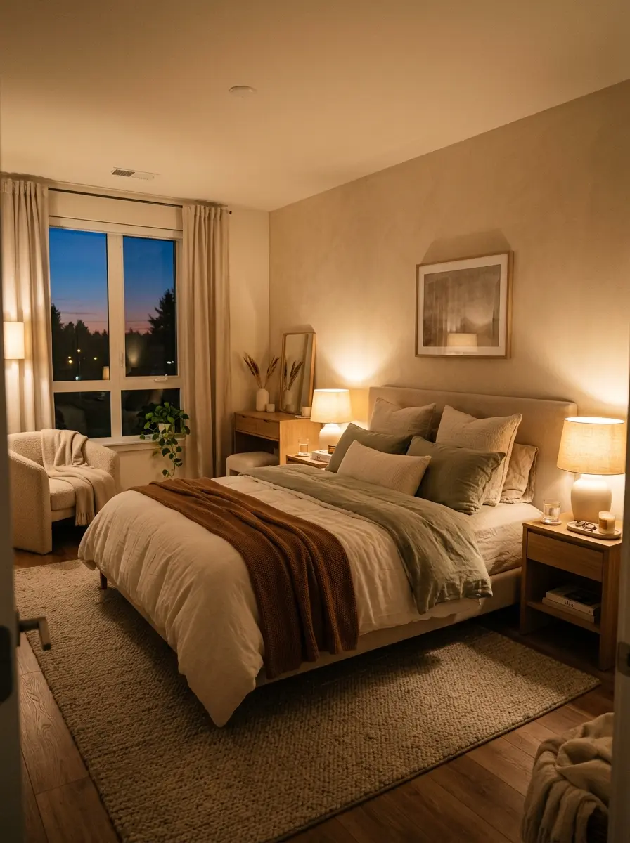 A modern bedroom lit with soft lamps and cozy textures creating a peaceful and inviting nighttime ambiance