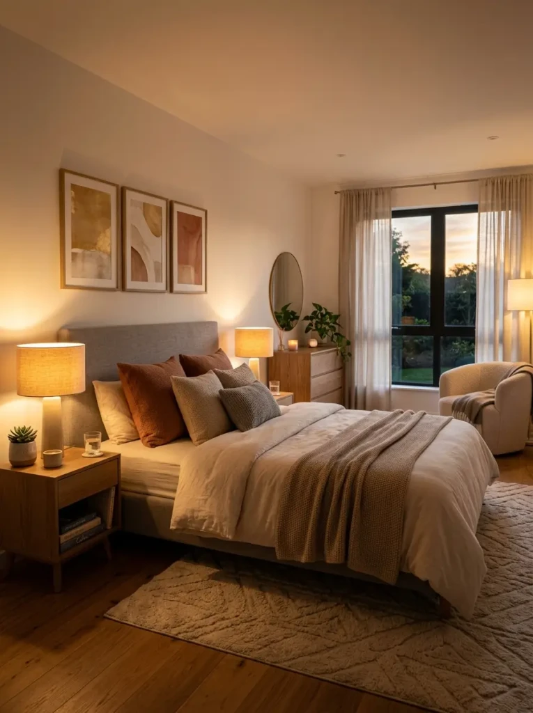 Cozy bedroom illuminated with warm ambient lighting and soft bedside lamps creating a relaxing glow