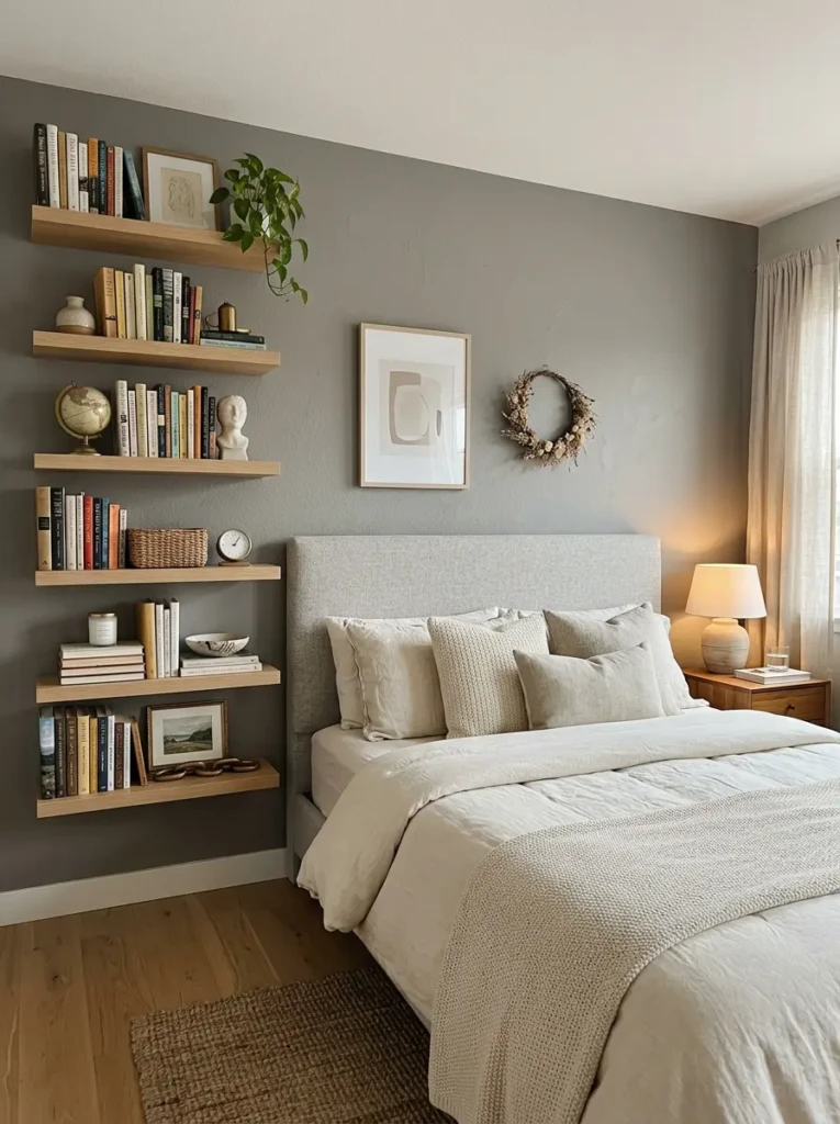 Vertical floating shelves above a headboard with books arranged upright and stacked horizontally.