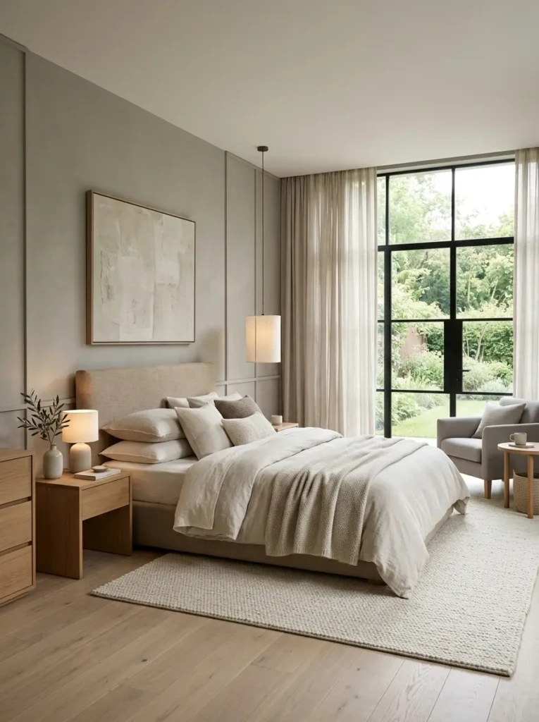 Calm modern luxury bedroom with beige, cream, and grey tones creating an airy and relaxing atmosphere