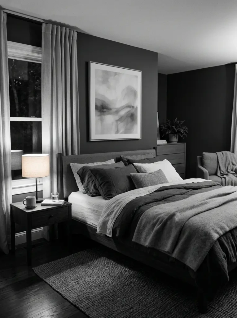 Serene black and white bedroom with grayscale artwork and calming mood.