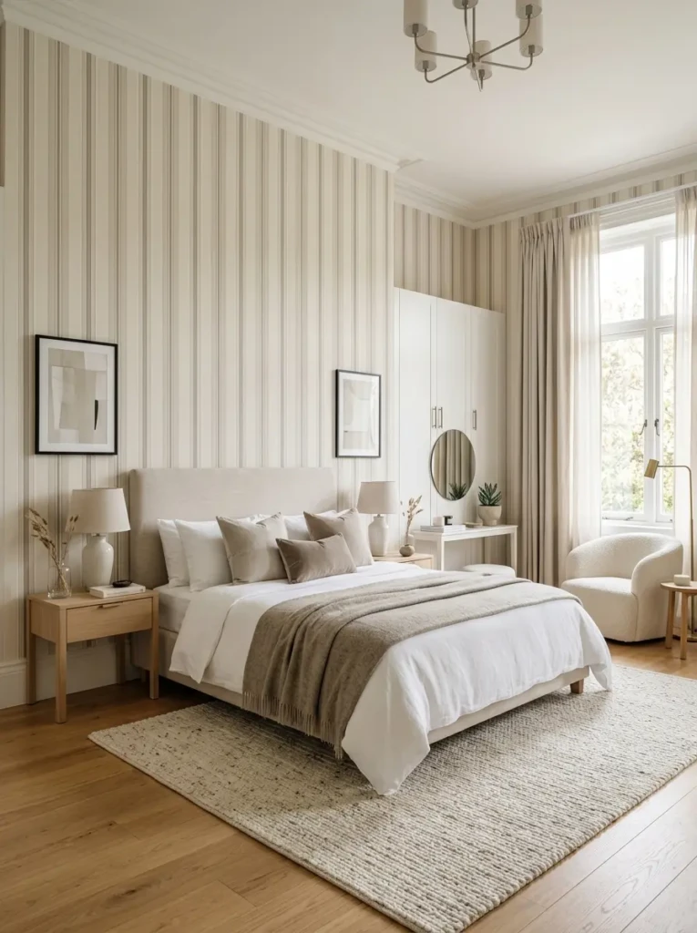Soft striped wallpaper in neutral tones enhancing a spacious bedroom design