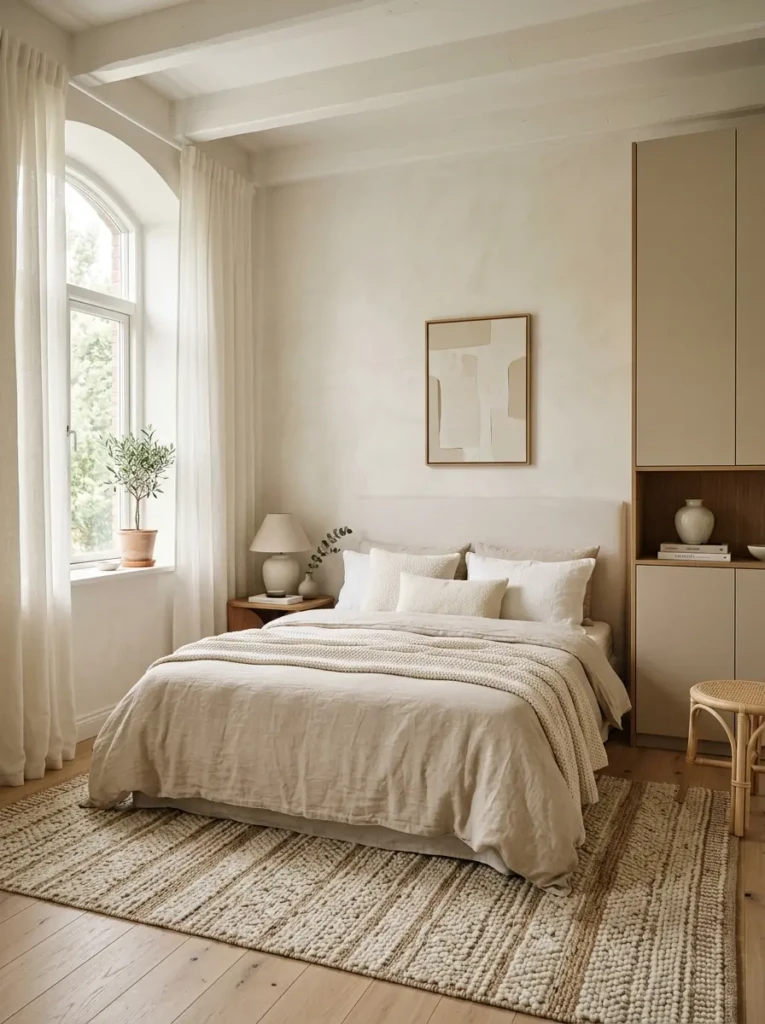A bright small bedroom interior in beige and white tones with soft textures and natural daylight.