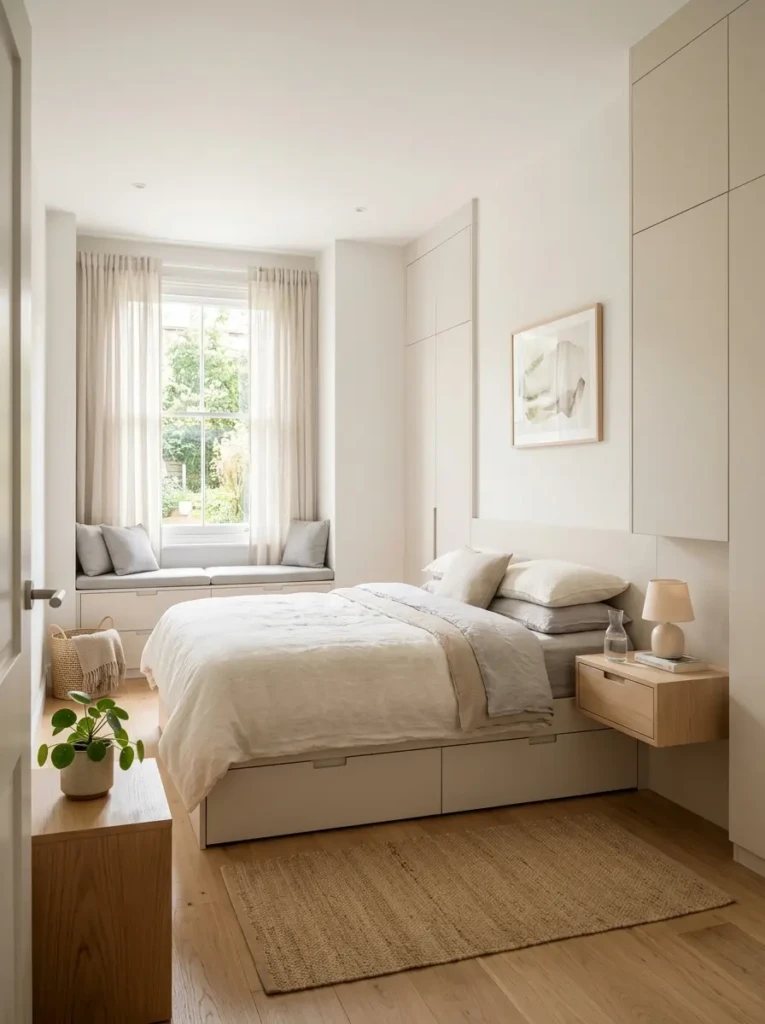 A clutter-free modern bedroom featuring hidden storage and clean surfaces for a calm environment