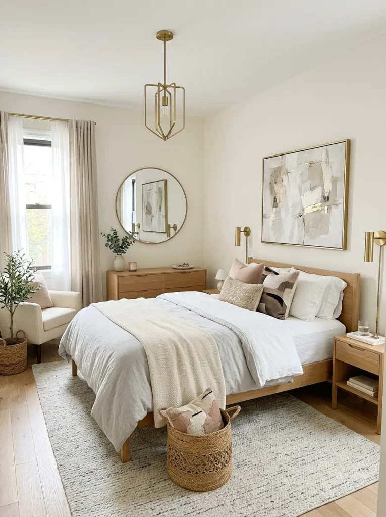 A refreshed small bedroom makeover with brighter bedding, upgraded lighting, and decluttered furniture.