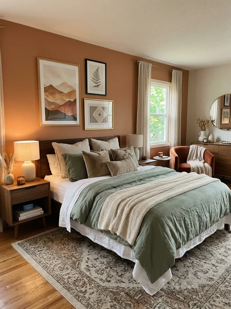 Stylish completed bedroom makeover featuring elegant posters, layered bedding, warm lighting, and balanced modern decor.