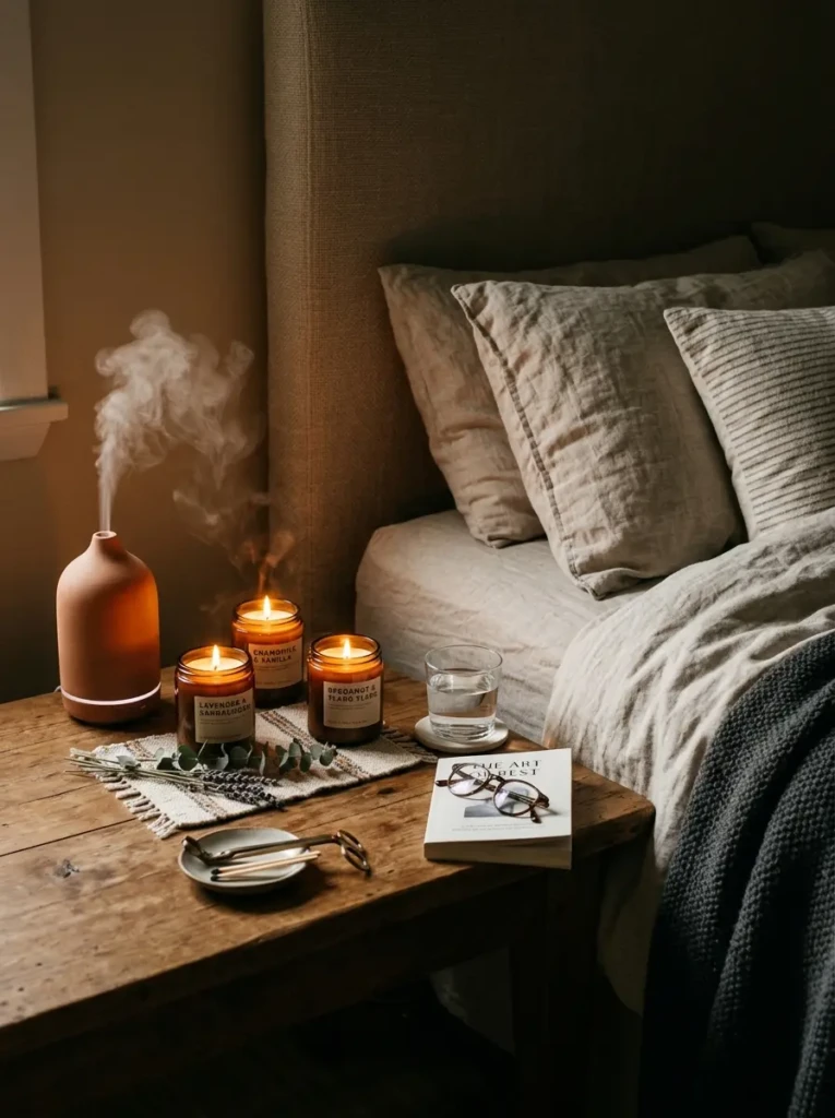 A relaxing bedroom scene with scented candles, diffuser, and warm lighting creating a spa-like feel