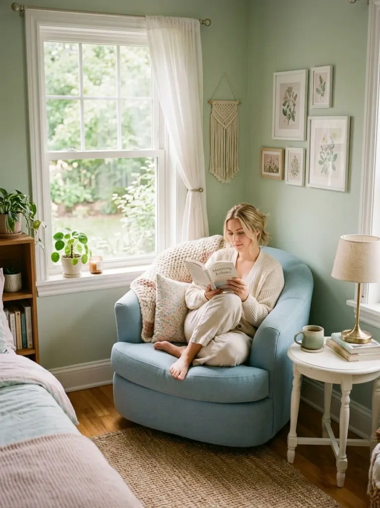 Powder blue accent chair with knit throw and side table placed in a pastel bedroom reading corner.