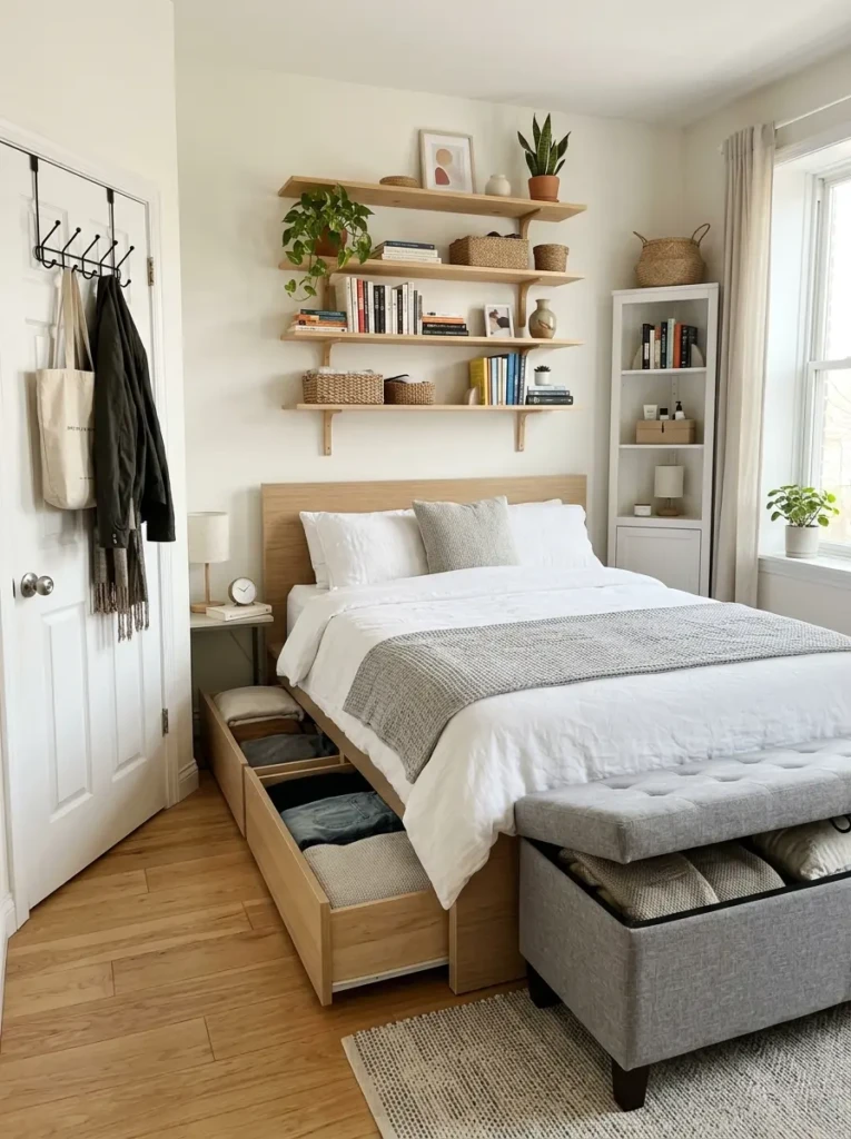 A small bedroom with under-bed drawers, floating shelves, and a narrow corner cabinet.