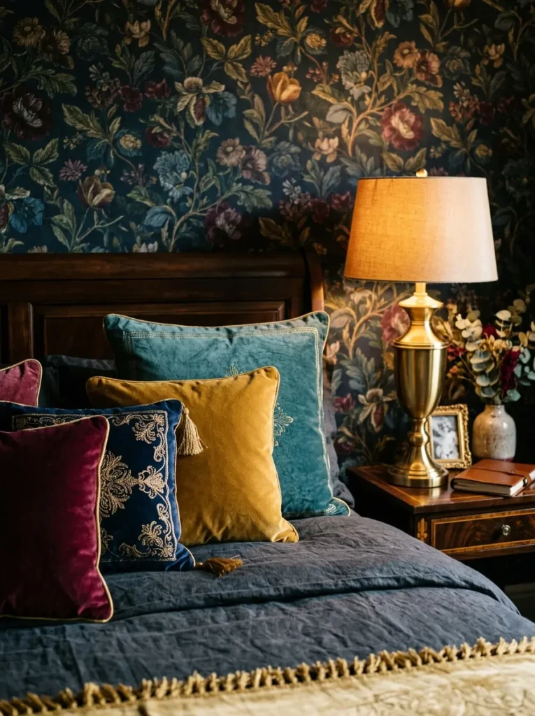 Close-up of velvet cushions and gold lamp against dark floral wallpaper in an elegant bedroom setting