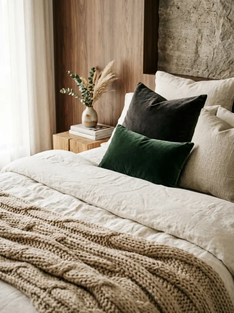 Mix of linen bedding, velvet cushions, and soft throws adding depth and coziness to a bedroom
