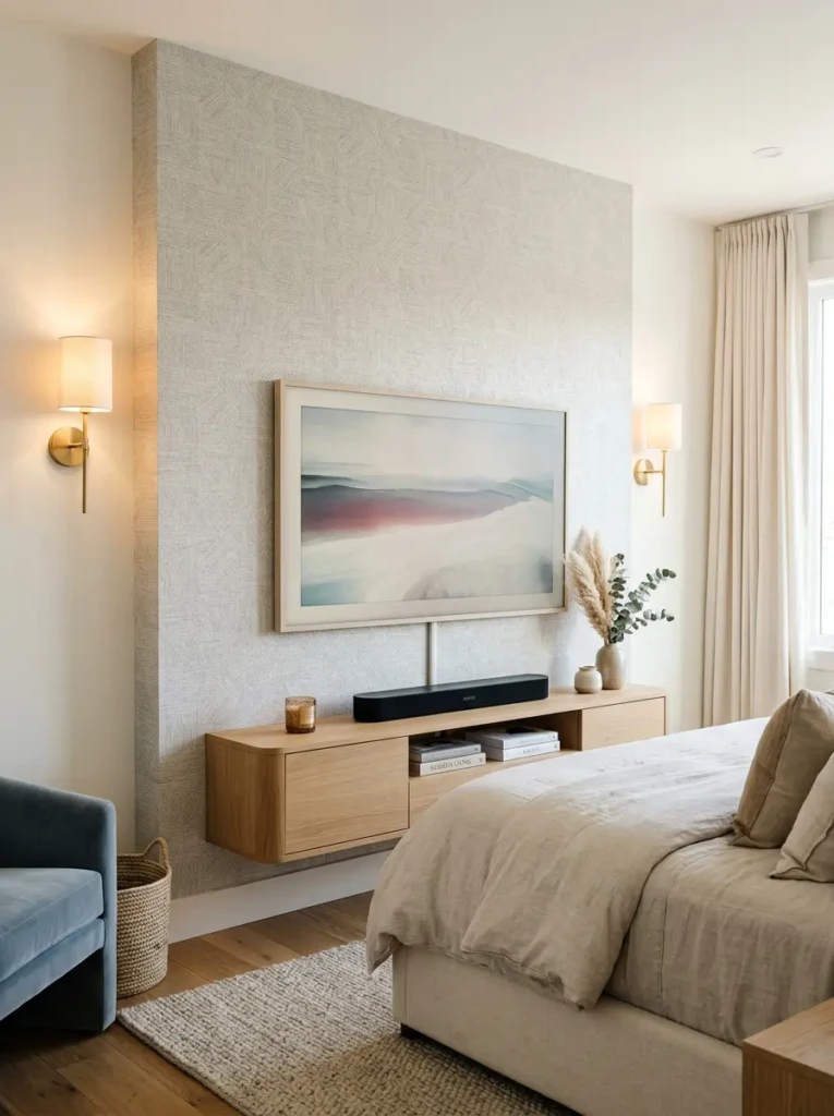 A TV mounted on a wall with soft textured wallpaper adding depth and elegance