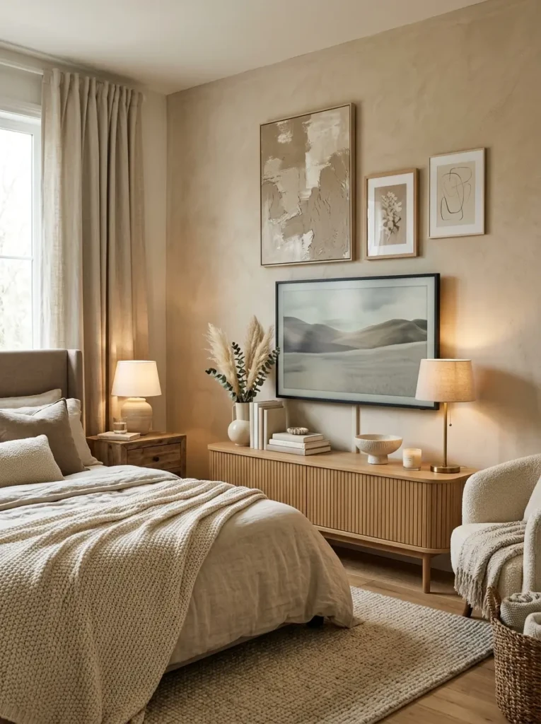 A TV wall styled with beige, cream, and taupe tones creating a warm layered look