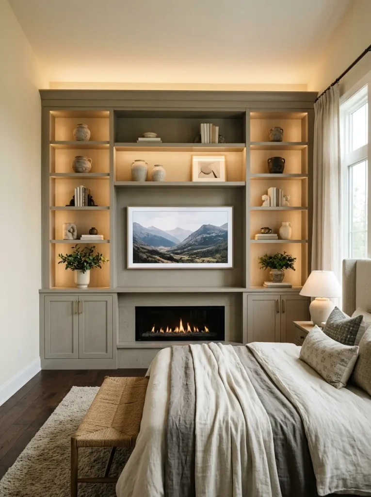 A custom built-in TV wall with shelves, symmetrical design, and soft lighting in a modern bedroom