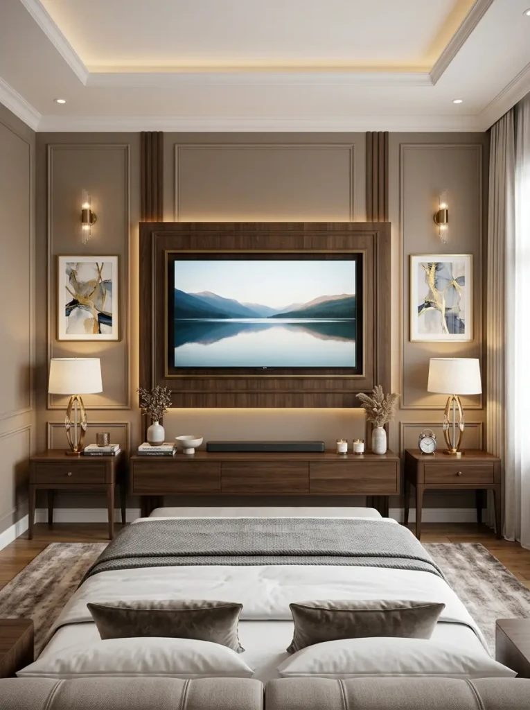 A TV wall centered with matching lamps and decor creating a hotel-inspired bedroom