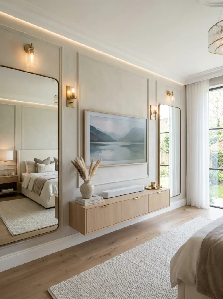 A TV wall enhanced with mirrors reflecting light and making the room feel spacious