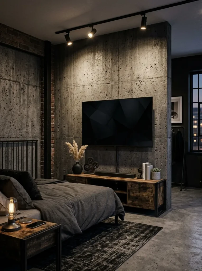 A bedroom TV wall with concrete finish and dark tones creating an edgy modern look