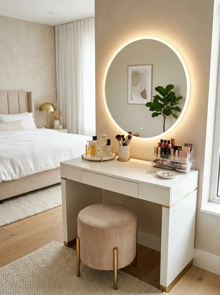 A stylish bedroom vanity corner with a makeup desk, round mirror, LED lights, stool, and perfume accessories.